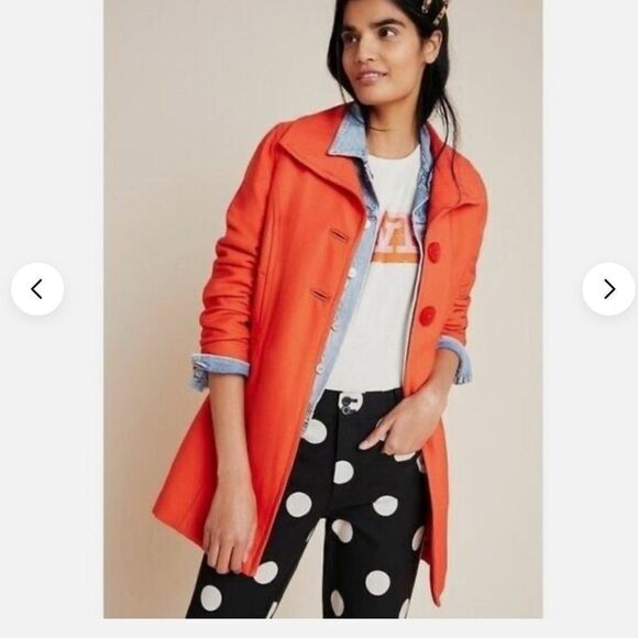 NWT Anthropologie || Wellesley Pleated Peacoat Coat Orange - Picture 2 of 10